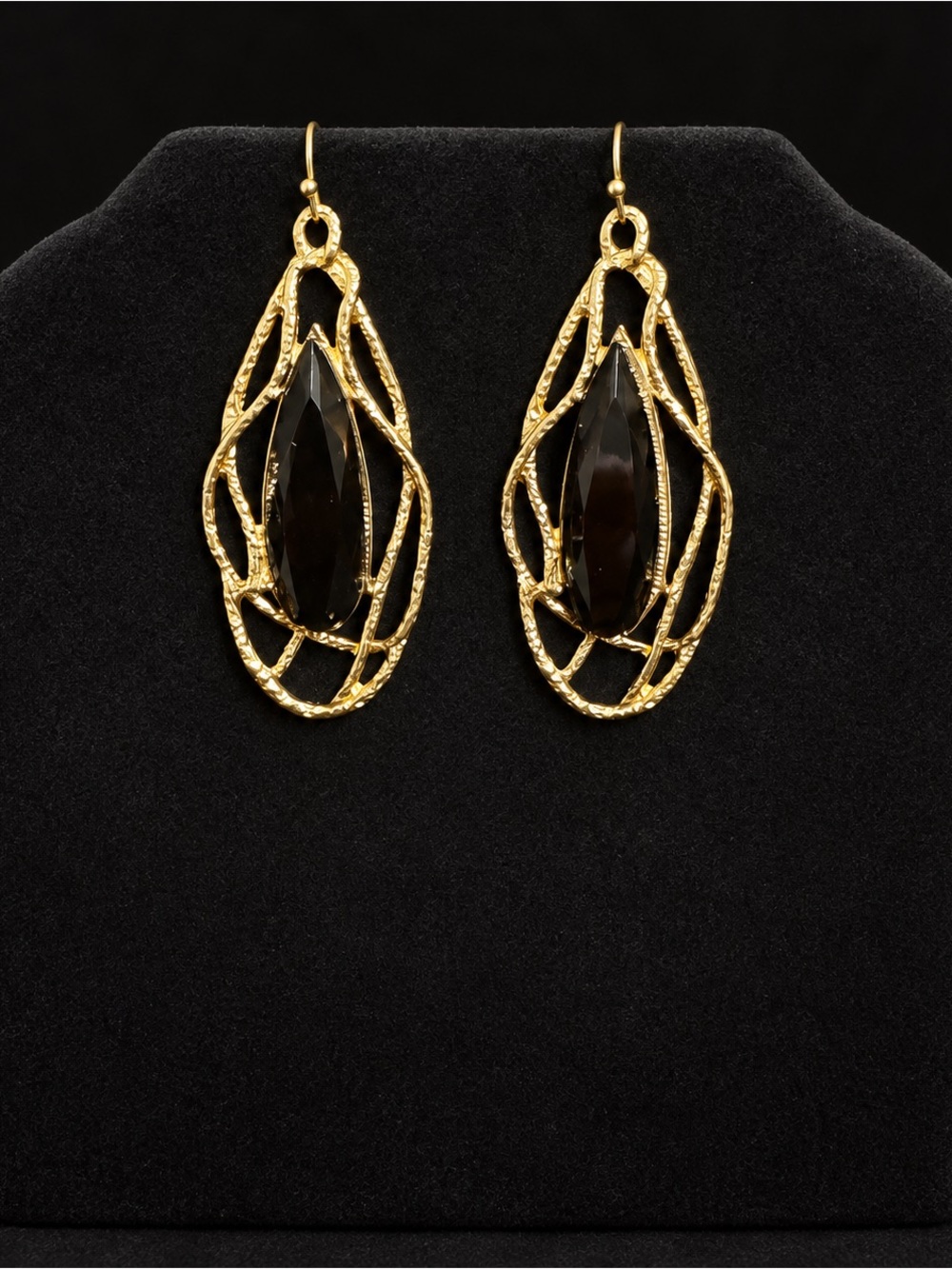 Gold-Tone Black Faceted Teardrop Earrings